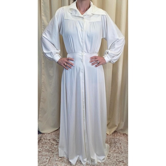 Neiman Marcus vintage Maxi Dress Long Sleeve Button Front‎ Collared White xs/sm - Picture 2 of 11